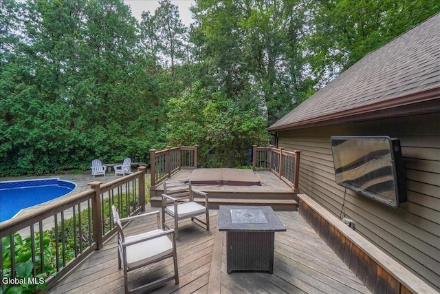 1 Fox Run, Colonie, NY 12110 - wooden deck with an outdoor pool and an outdoor living space with a fire pit