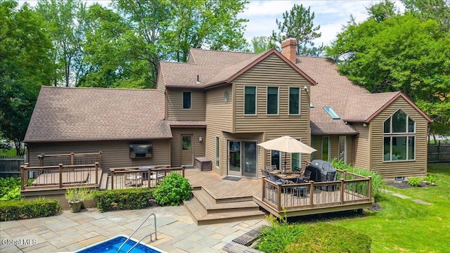 1 Fox Run, Colonie, NY 12110 - rear view of house featuring a chimney, a deck, a patio, and outdoor dining area