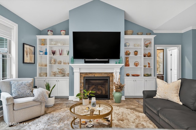 6 Corinne Ct, Saratoga, NY 12866 - living room with vaulted ceiling, a stone fireplace, and crown molding