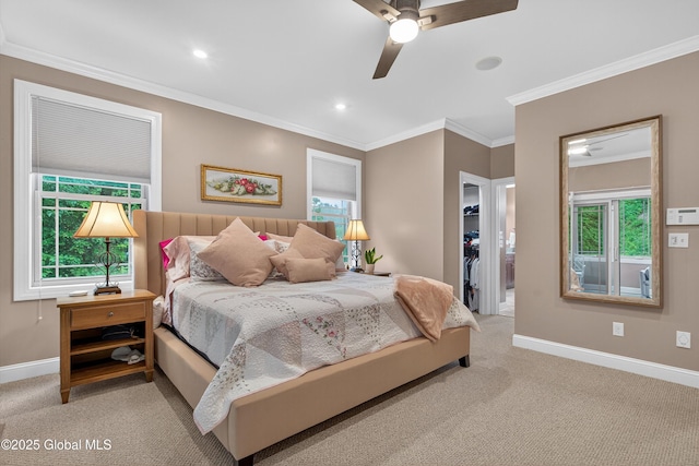 6 Corinne Ct, Saratoga, NY 12866 - bedroom featuring a walk in closet, light colored carpet, crown molding, a closet, and a ceiling fan