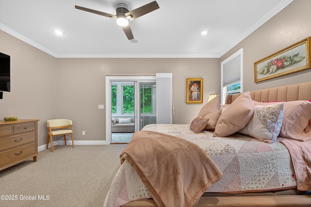 6 Corinne Ct, Saratoga, NY 12866 - bedroom with light colored carpet, crown molding, a ceiling fan, recessed lighting, and access to outside