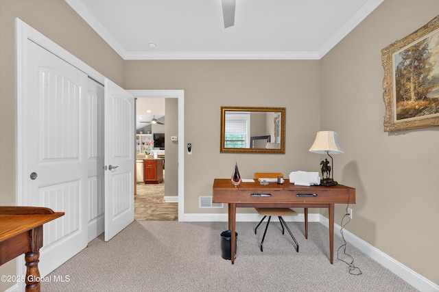 6 Corinne Ct, Saratoga, NY 12866 - office space with a ceiling fan, carpet, and crown molding