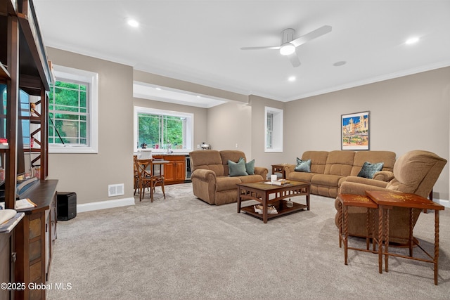 6 Corinne Ct, Saratoga, NY 12866 - living area featuring carpet flooring, ornamental molding, ceiling fan, and recessed lighting