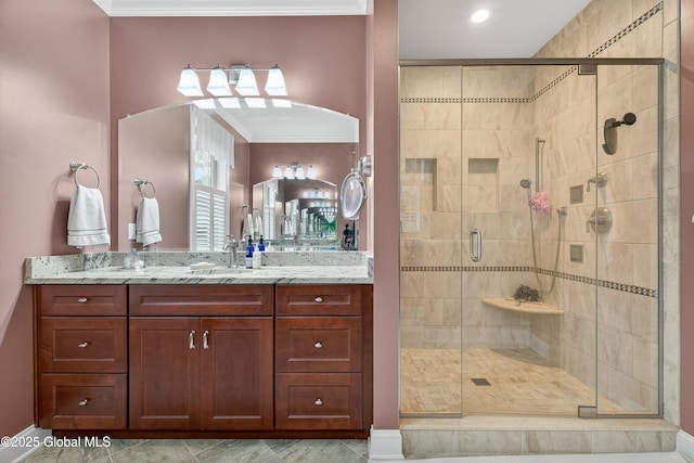6 Corinne Ct, Saratoga, NY 12866 - bathroom featuring vanity, a shower stall, and crown molding