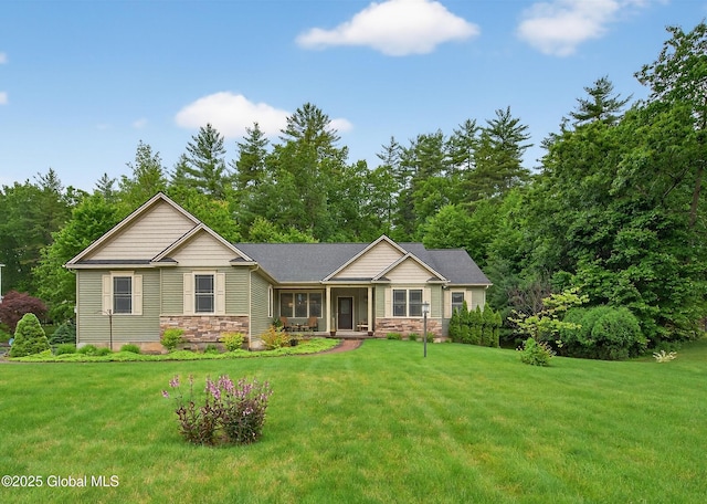 6 Corinne Ct, Saratoga, NY 12866 - ranch-style house with a front yard, stone siding, and covered porch