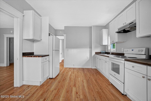 329 E Main St, Amsterdam, NY 12010 - kitchen featuring white appliances, under cabinet range hood, light wood finished floors, wainscoting, and white cabinets