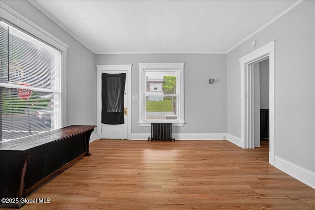 329 E Main St, Amsterdam, NY 12010 - empty room featuring radiator heating unit, ornamental molding, and light wood-style flooring