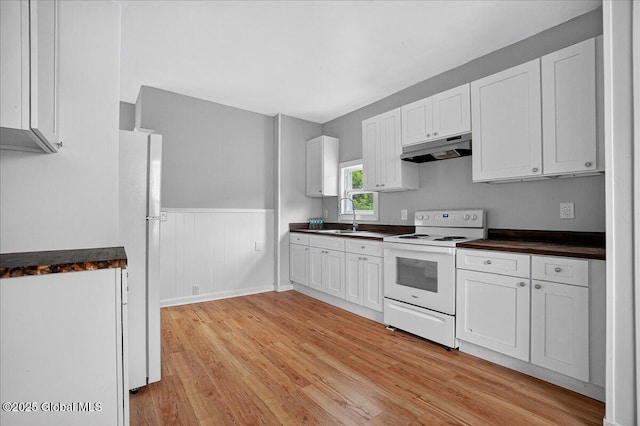 329 E Main St, Amsterdam, NY 12010 - kitchen featuring white appliances, under cabinet range hood, dark countertops, light wood-style floors, and a wainscoted wall