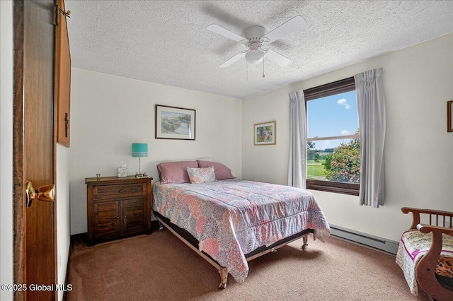 585 Logtown Rd, Glen, NY 12072 - bedroom featuring baseboard heating, carpet flooring, a textured ceiling, and ceiling fan