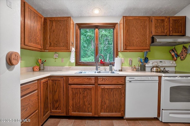 585 Logtown Rd, Glen, NY 12072 - kitchen featuring white appliances, ventilation hood, a textured ceiling, light countertops, and brown cabinets