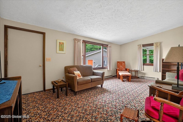 585 Logtown Rd, Glen, NY 12072 - carpeted living room with a textured ceiling and baseboard heating