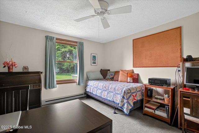 585 Logtown Rd, Glen, NY 12072 - carpeted bedroom with a baseboard heating unit, a textured ceiling, and ceiling fan