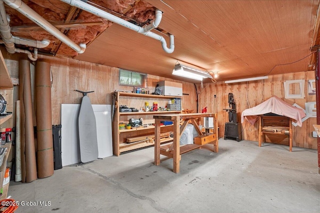 585 Logtown Rd, Glen, NY 12072 - basement with wooden walls, a workshop area, and wood ceiling