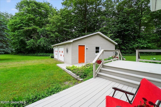585 Logtown Rd, Glen, NY 12072 - wooden deck with a garage, a yard, and an outdoor structure