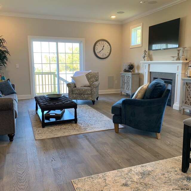 1E Brison St, North Greenbush, NY 12180 - living room featuring ornamental molding, wood finished floors, a fireplace, and recessed lighting