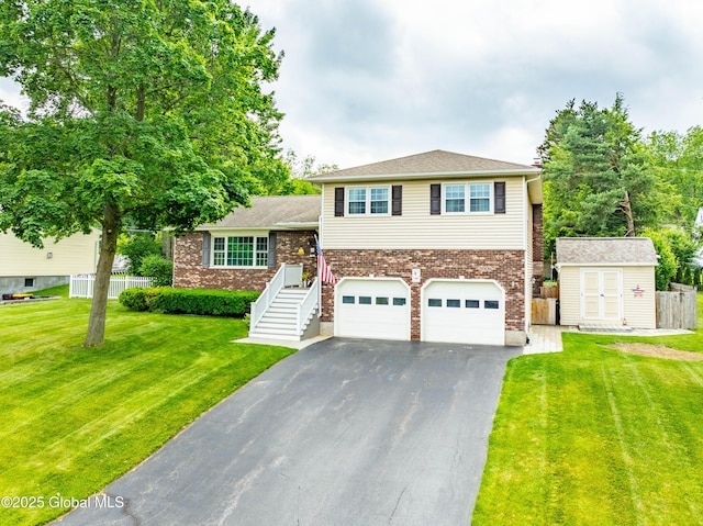 34 Aspen Rd, Colonie, NY 12110 - split level home featuring driveway, an attached garage, brick siding, a storage shed, and stairs