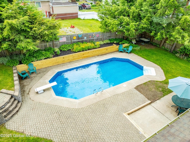34 Aspen Rd, Colonie, NY 12110 - view of swimming pool with a patio, a fenced backyard, and a diving board