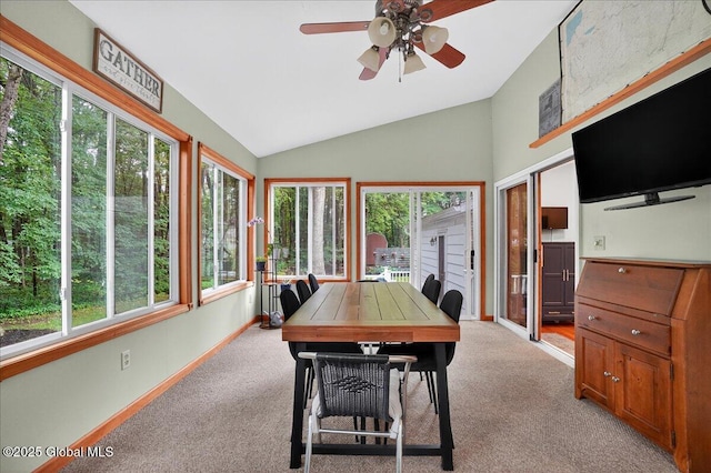 5 Pine Crst, Malta, NY 12019 - dining room featuring lofted ceiling, a ceiling fan, and light carpet