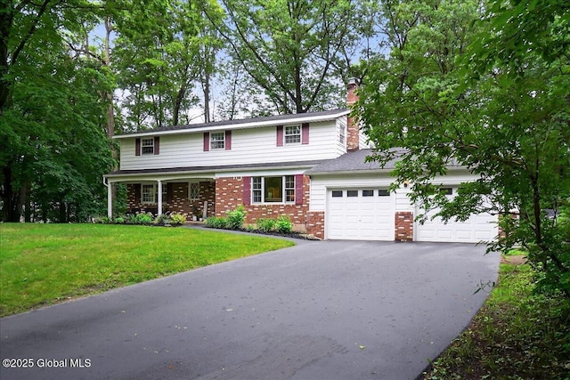 5 Pine Crst, Malta, NY 12019 - traditional-style house featuring driveway, a chimney, brick siding, a garage, and a front lawn