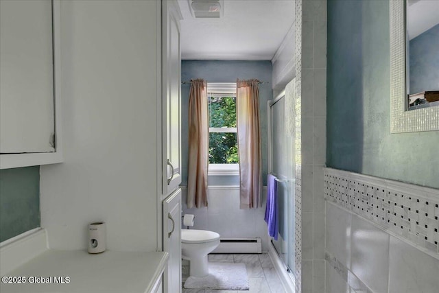 3140 State Route 5s, Danube, NY 13339 - full bathroom with a baseboard radiator, tile walls, a shower stall, and vanity