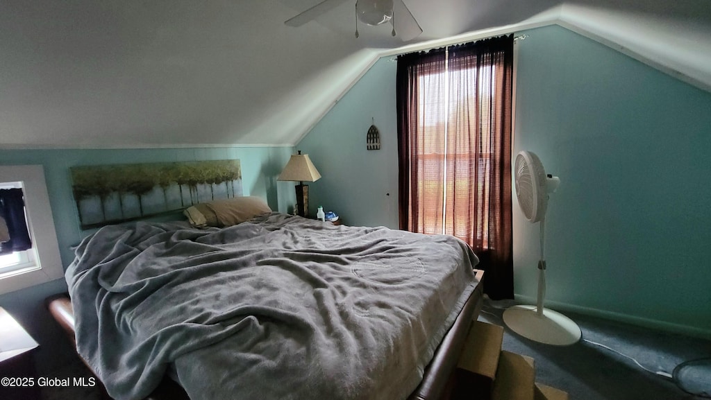 52 Hancock St, Fort Plain, NY 13339 - bedroom featuring vaulted ceiling, carpet flooring, and ceiling fan