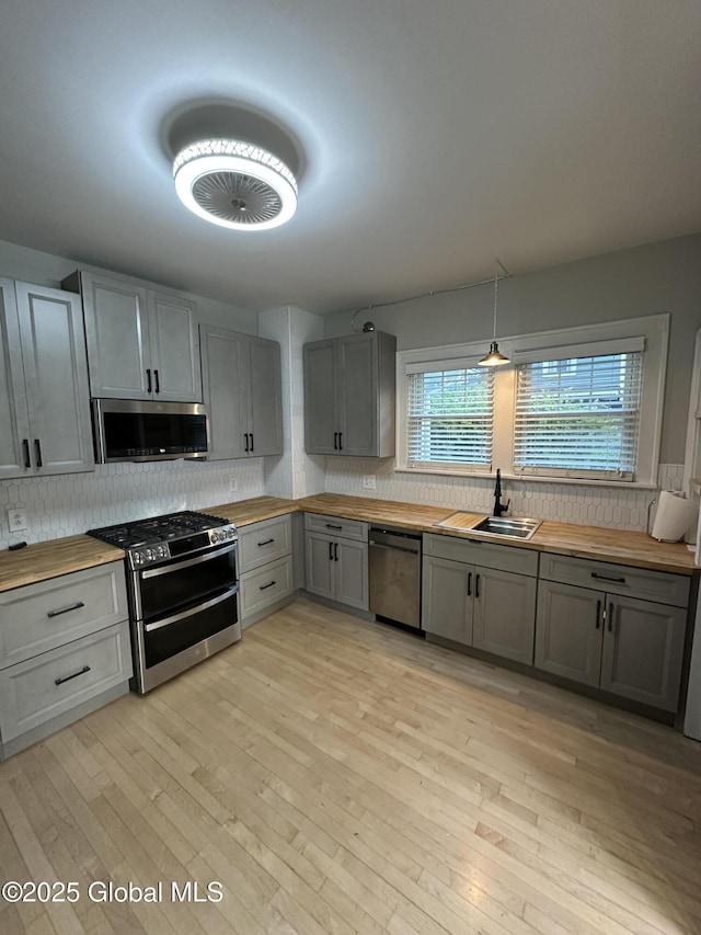 945 Morgan Ave, Niskayuna, NY 12309 - kitchen with wood counters, stainless steel appliances, backsplash, gray cabinetry, and light wood-style floors