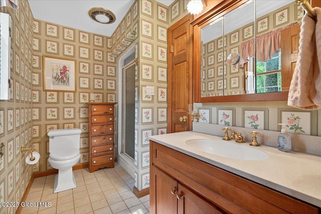6 Leaward Way, Saratoga Springs, NY 12866 - bathroom featuring a shower with door, vanity, tile patterned floors, and wallpapered walls