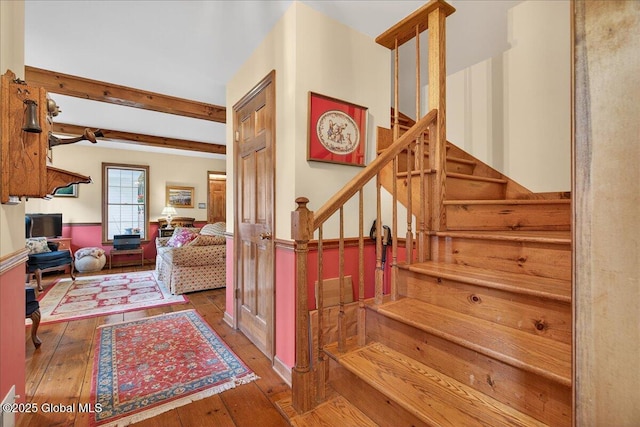 6 Leaward Way, Saratoga Springs, NY 12866 - staircase with hardwood / wood-style floors and beamed ceiling