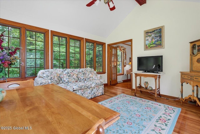 6 Leaward Way, Saratoga Springs, NY 12866 - living area with high vaulted ceiling, ceiling fan, wood finished floors, and beam ceiling
