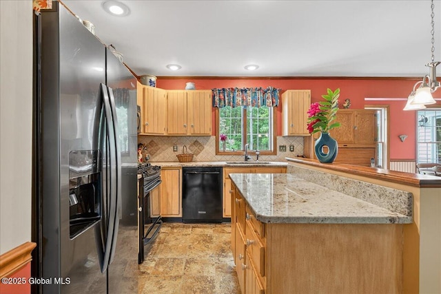 6 Leaward Way, Saratoga Springs, NY 12866 - kitchen with black appliances, light stone finish flooring, tasteful backsplash, hanging light fixtures, and light stone counters