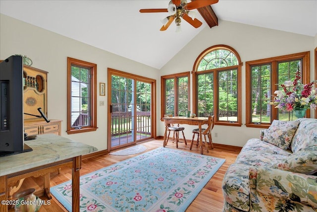 6 Leaward Way, Saratoga Springs, NY 12866 - living area featuring healthy amount of natural light, beam ceiling, a ceiling fan, light wood-style flooring, and high vaulted ceiling