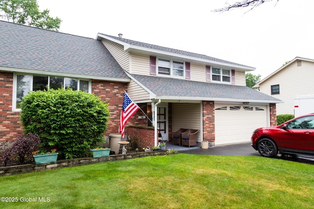 46 Cindy Crest Dr, Rotterdam, NY 12306 - traditional-style home with driveway, a front lawn, a shingled roof, and brick siding