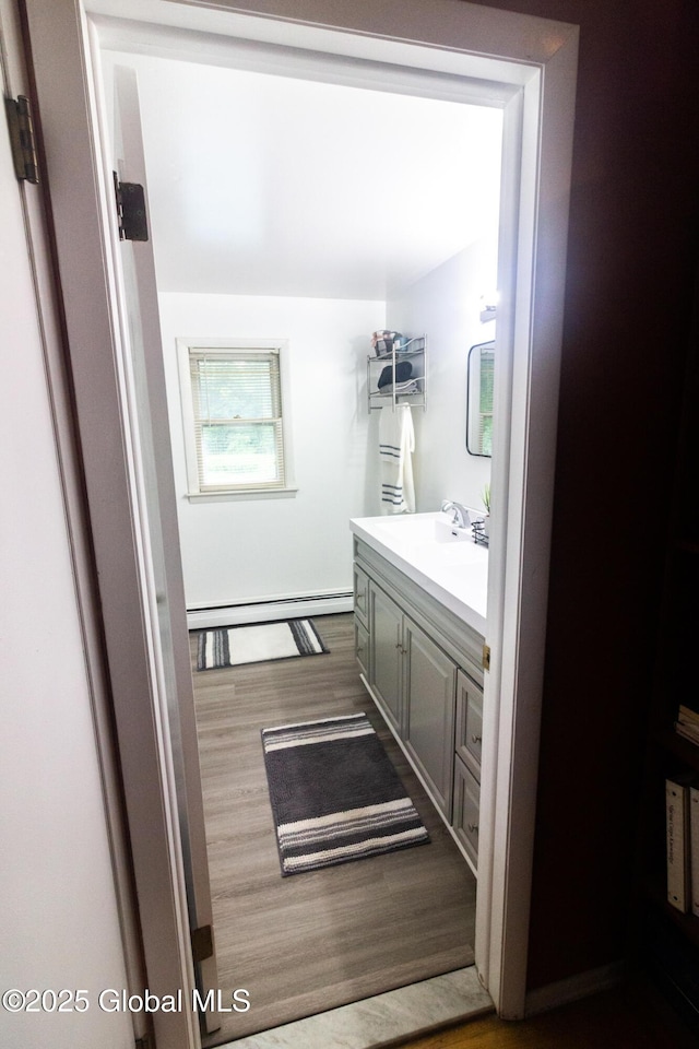46 Cindy Crest Dr, Rotterdam, NY 12306 - bathroom featuring vanity, wood finished floors, and a baseboard radiator