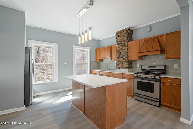 55 Spring Ave, Troy, NY 12180 - kitchen with appliances with stainless steel finishes, premium range hood, backsplash, light countertops, and light wood finished floors