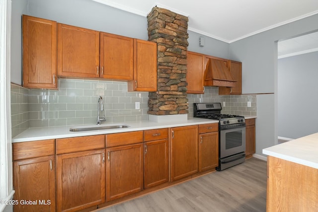 55 Spring Ave, Troy, NY 12180 - kitchen with stainless steel gas range oven, custom exhaust hood, light countertops, and crown molding