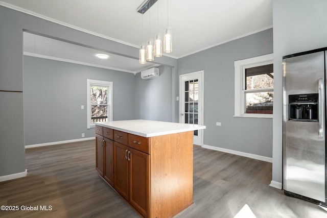 55 Spring Ave, Troy, NY 12180 - kitchen featuring stainless steel fridge with ice dispenser, an AC wall unit, crown molding, dark wood-type flooring, and light countertops