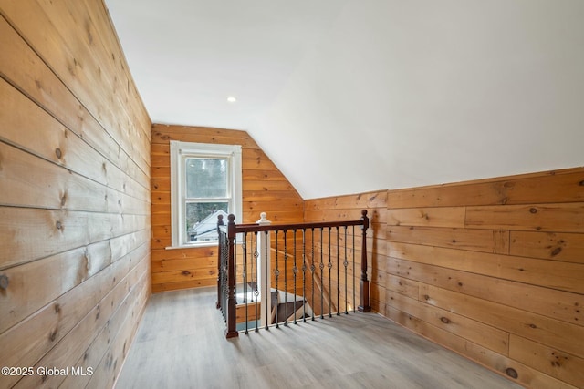55 Spring Ave, Troy, NY 12180 - staircase with wood walls, lofted ceiling, and wood finished floors
