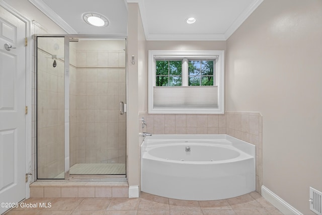 10 Sweetbriar Dr, Wilton, NY 12831 - full bathroom featuring a whirlpool tub, a stall shower, tile patterned flooring, ornamental molding, and recessed lighting