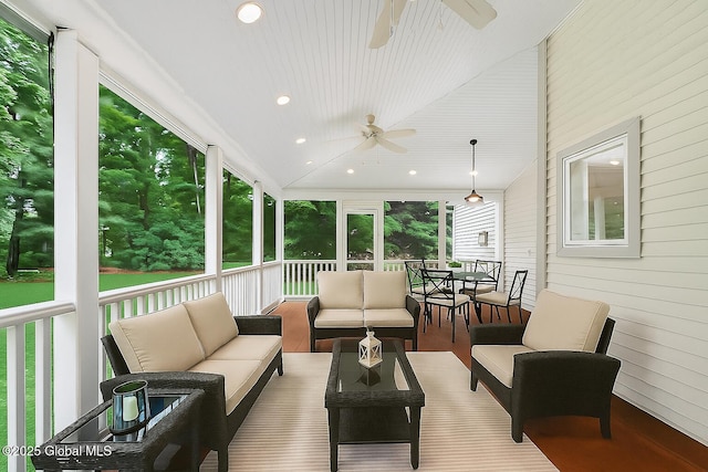 10 Sweetbriar Dr, Wilton, NY 12831 - sunroom / solarium with ceiling fan, outdoor lounge area, lofted ceiling, and outdoor dining space