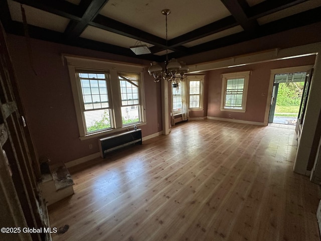 7 Frost Pl, Albany, NY 12205 - unfurnished dining area with coffered ceiling, radiator heating unit, plenty of natural light, a chandelier, and beam ceiling