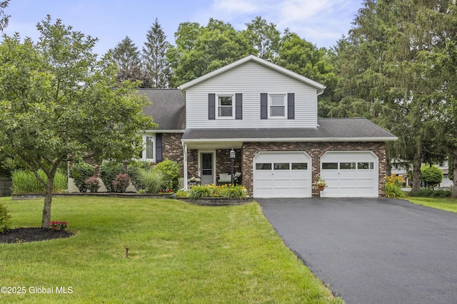 6458 Vosburgh Rd, Guilderland, NY 12009 - view of front of home with driveway, a front yard, an attached garage, roof with shingles, and brick siding