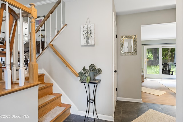 6458 Vosburgh Rd, Guilderland, NY 12009 - stairway with crown molding and tile patterned flooring
