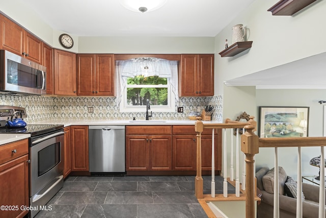 6458 Vosburgh Rd, Guilderland, NY 12009 - kitchen with appliances with stainless steel finishes, light countertops, decorative backsplash, brown cabinets, and crown molding