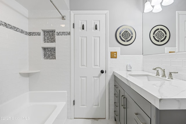 6458 Vosburgh Rd, Guilderland, NY 12009 - bathroom with vanity, bathing tub / shower combination, tile walls, and marble look tiles