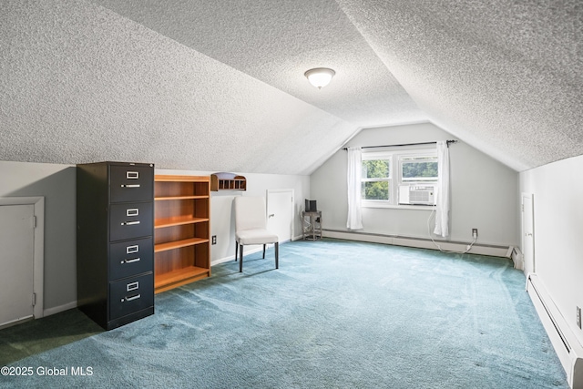 6458 Vosburgh Rd, Guilderland, NY 12009 - bonus room with a baseboard radiator, a textured ceiling, carpet floors, lofted ceiling, and cooling unit