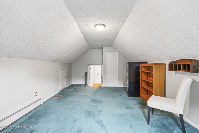 6458 Vosburgh Rd, Guilderland, NY 12009 - additional living space featuring a baseboard heating unit, a textured ceiling, carpet flooring, and lofted ceiling