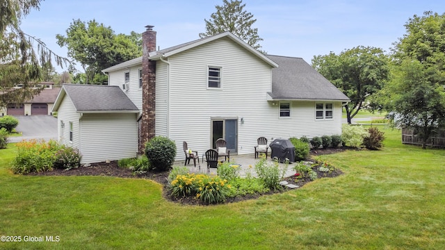 6458 Vosburgh Rd, Guilderland, NY 12009 - rear view of property featuring a chimney, a patio area, a lawn, and a shingled roof