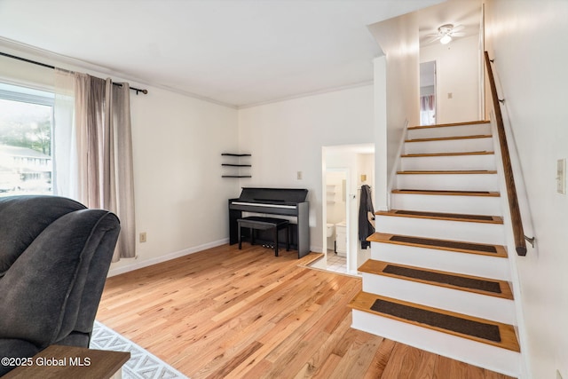 5012 Juniper Ln, Guilderland, NY 12303 - staircase featuring wood finished floors, crown molding, and ceiling fan