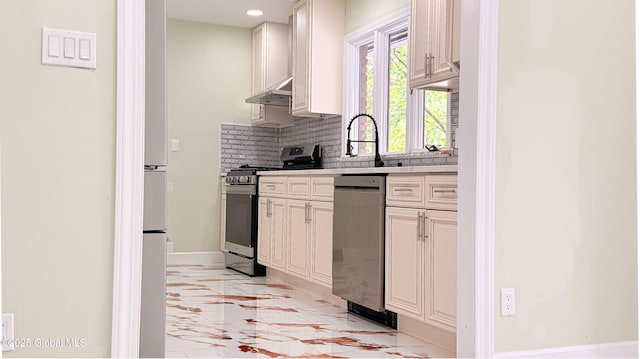 631 St Davids Ln, Niskayuna, NY 12309 - kitchen featuring stainless steel appliances, light marble finish flooring, decorative backsplash, light countertops, and ventilation hood