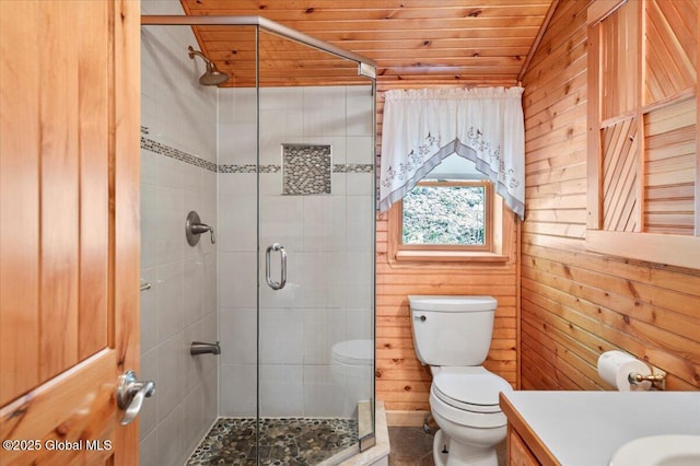 1062 S S Shore Rd, Hadley, NY 12835 - bathroom with vanity, a stall shower, wood ceiling, and wood walls